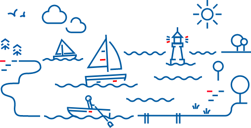 Symboler av båtar, bojar och en fyr i havet